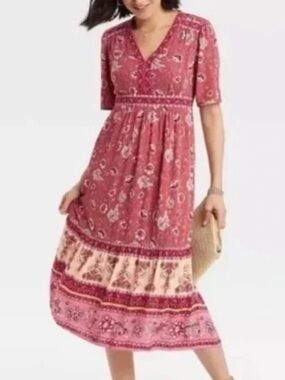 Target Knox Rose Short Sleeve V-Neck Boho Floral Midi Dress Paisley Dark Pink